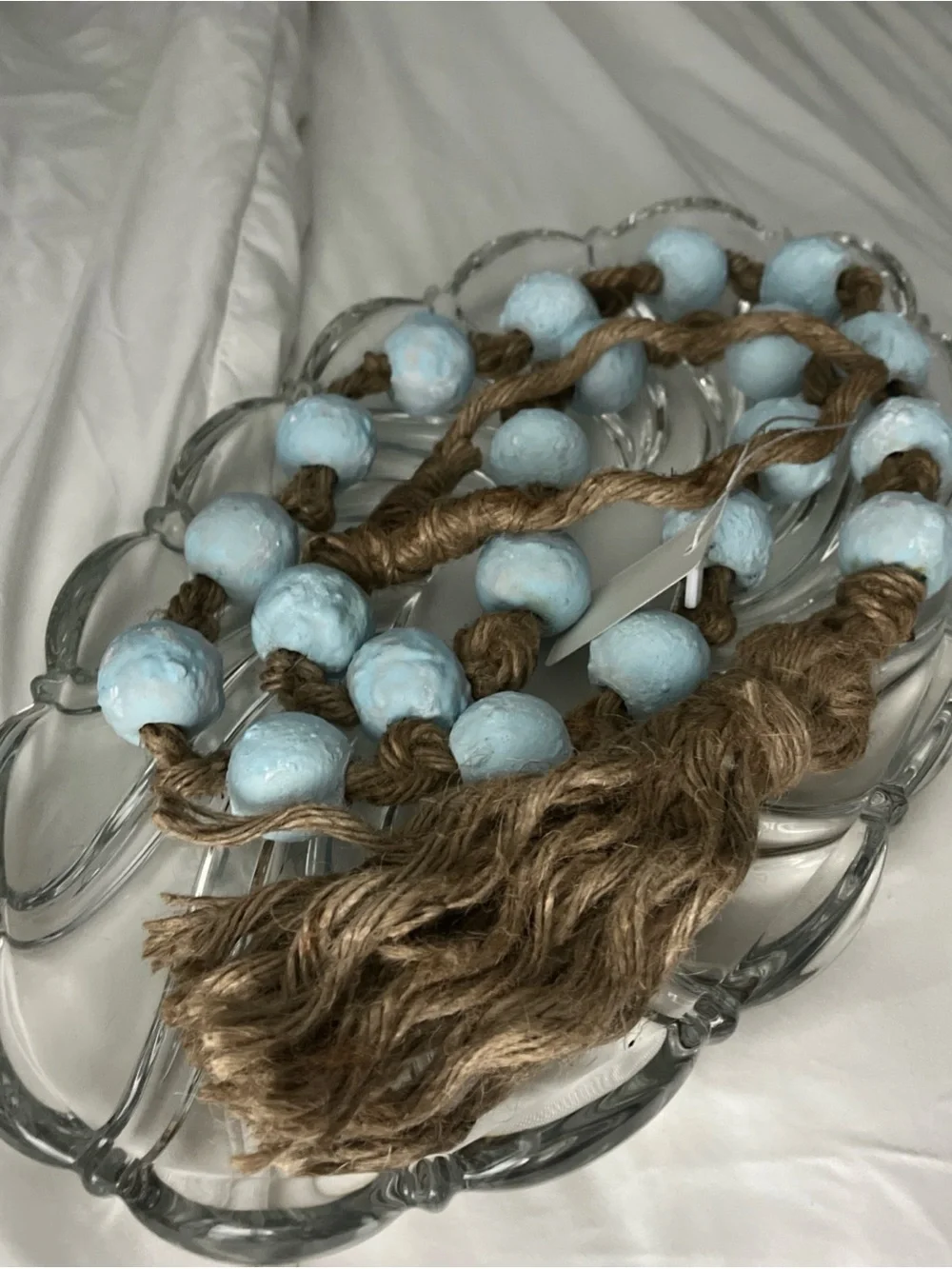 Coastal Light Blue Textured Bead Jute Garland - Home Decor